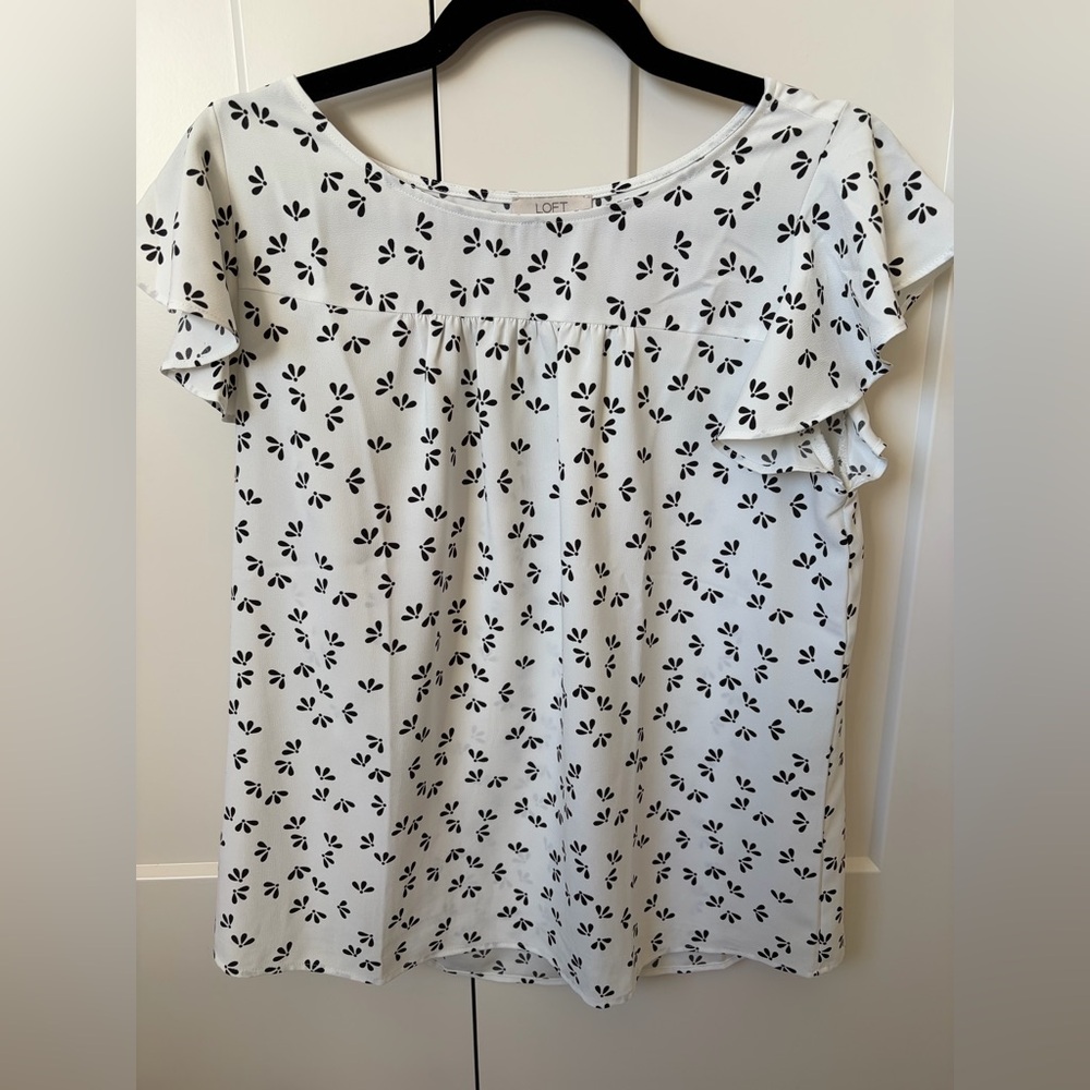LOFT White Blouse with Black Floral Motif